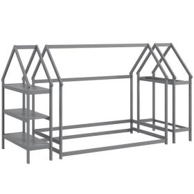 Twin Size Montessori Floor House Bed with Detachable Storage Shelves-Grey