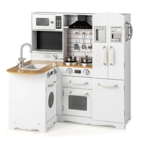 Wooden Kid's Corner Kitchen Playset with Stove for Toddlers-Natural & White