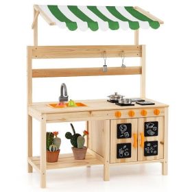 Mud Kitchen Fir Wood Play Kitchen with Canopy and Sink and 4 Stoves-Natural