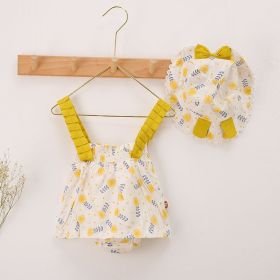 Baby Girl Floral Print Bow Decoration Design Sling Dress Onesies With Hat